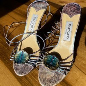 Jimmy Choo Metallic Blue Cracked Leather Border Ankle Wrap Sandals Size 41